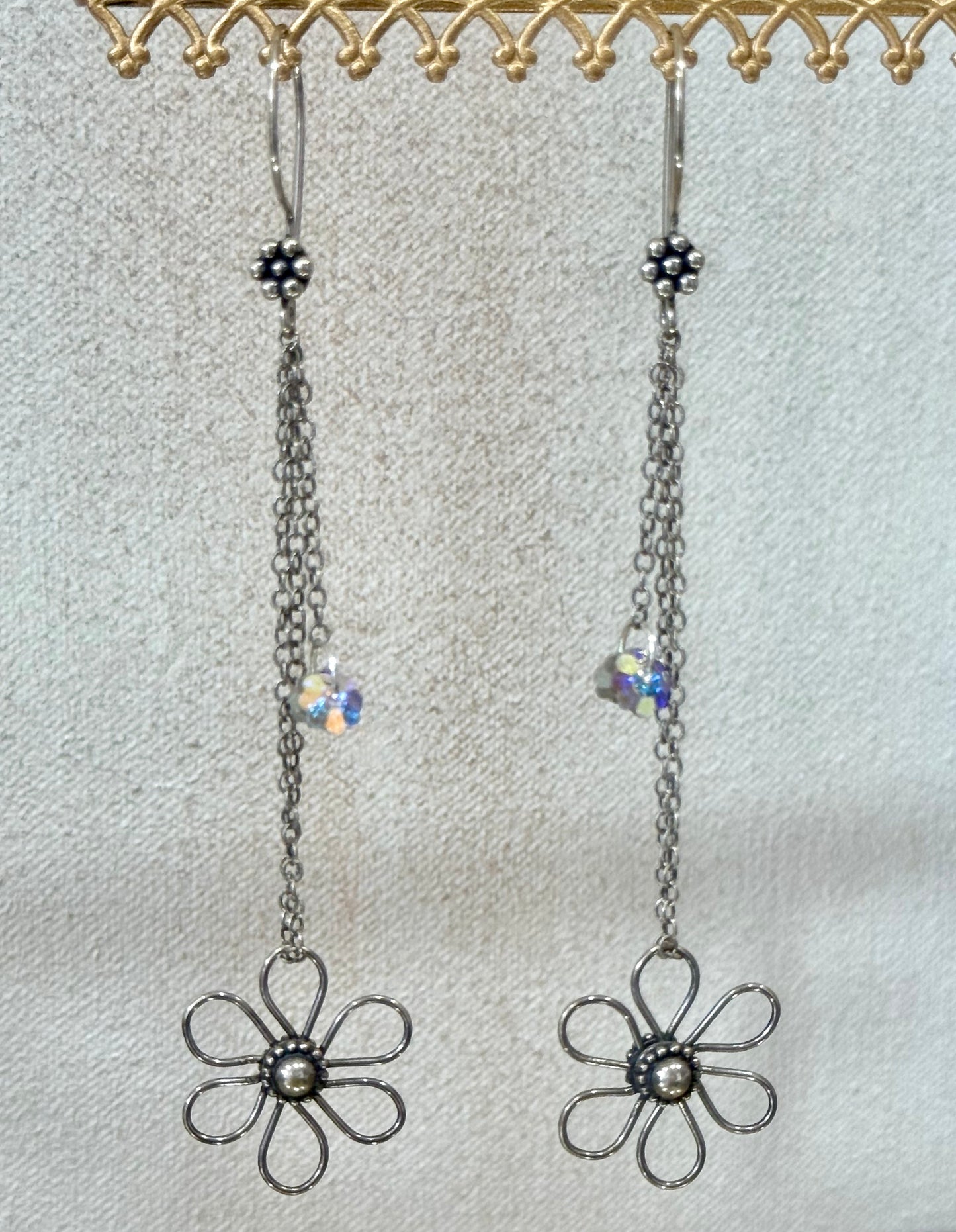4" Long Antiqued Sterling Silver & Swarovski Crystal Flower Dangle Earrings