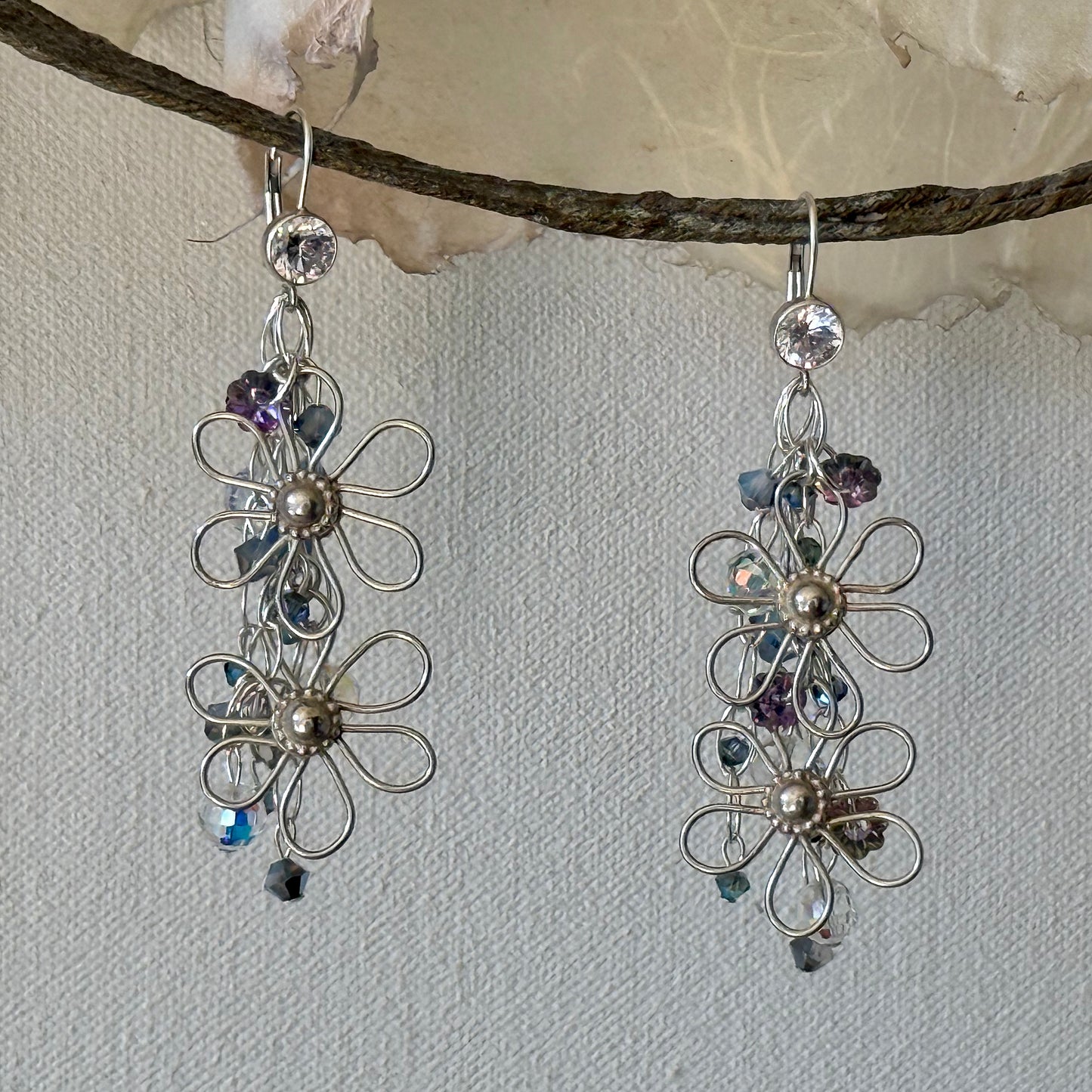 3" Long Bright Sterling Silver & Swarovski Crystal Flower Dangle Earrings