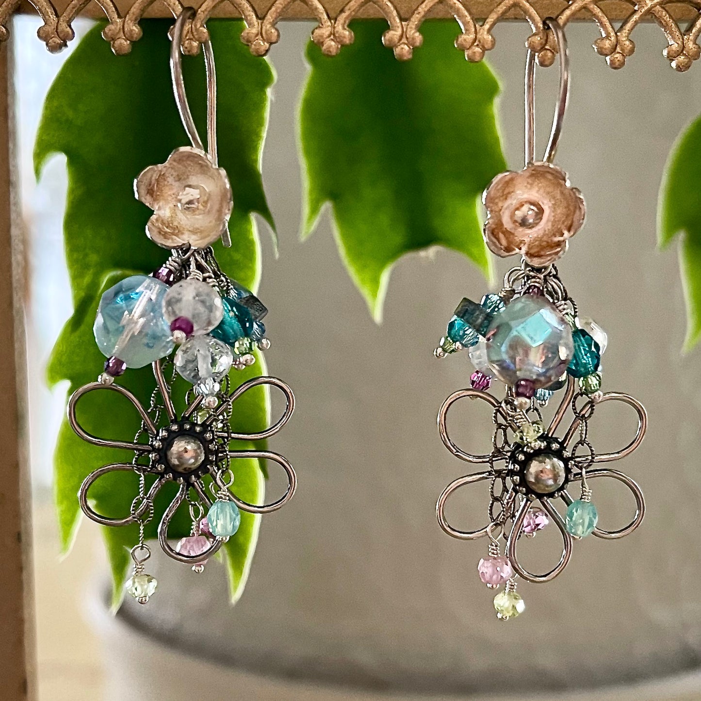 Antiqued Silver & Gemstone Flower Drop Earrings