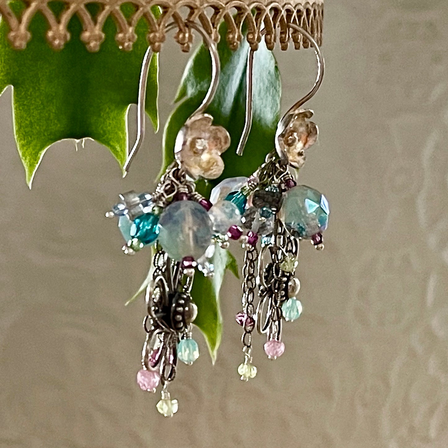 Antiqued Silver & Gemstone Flower Drop Earrings