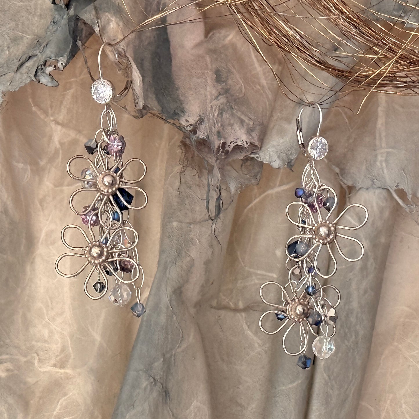 3" Long Bright Sterling Silver & Swarovski Crystal Flower Dangle Earrings
