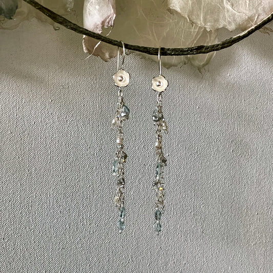 One of a Kind Fine Silver Long Dangle Earrings by Arpaia with Pearls & Aquamarine Gemstones