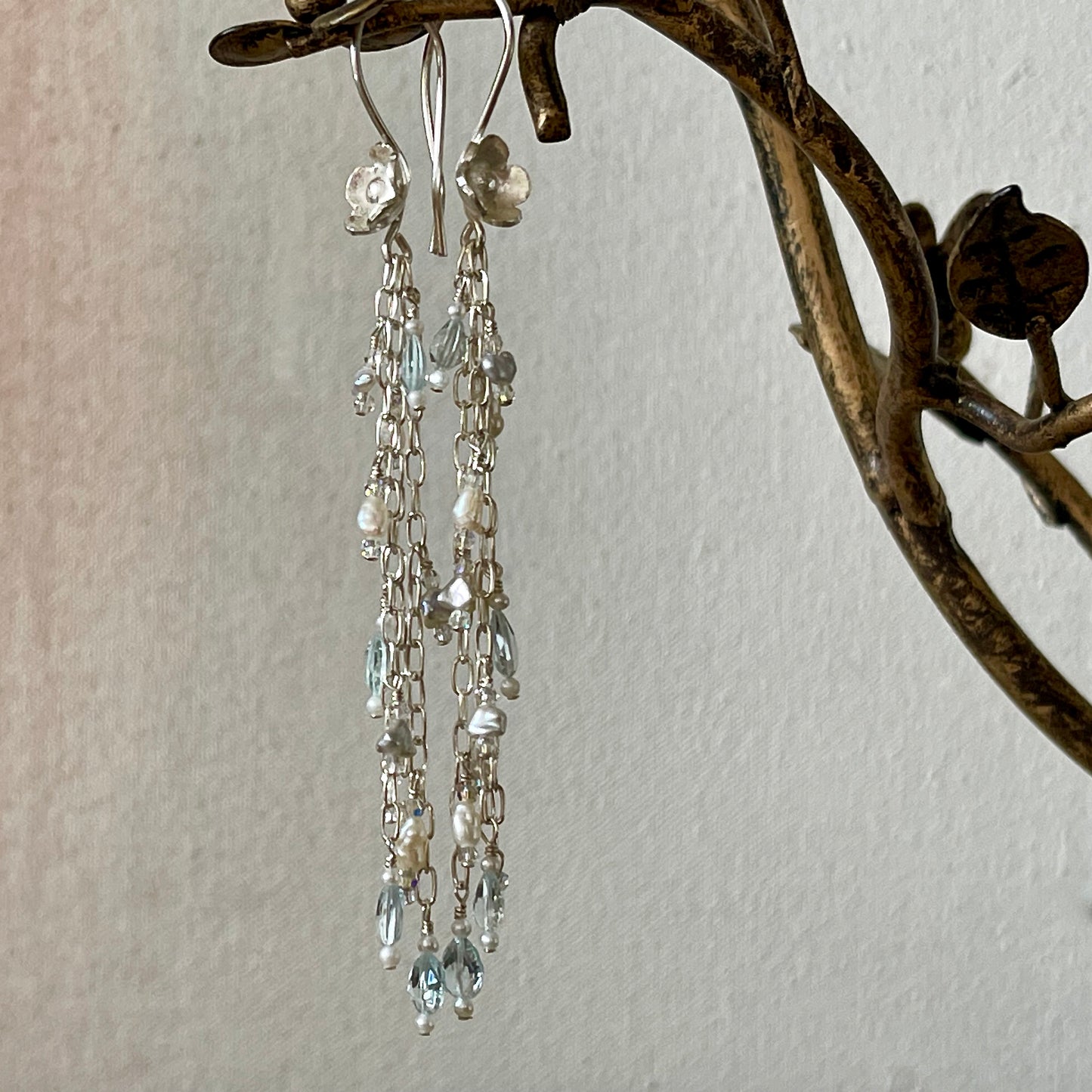 One of a Kind Fine Silver Long Dangle Earrings by Arpaia with Pearls & Aquamarine Gemstones