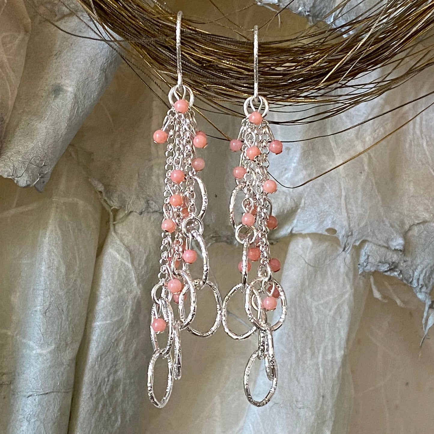 Angel Coral Dangle Earrings with Sterling Silver Patterned Ovals & Sparkle Earring Wires
