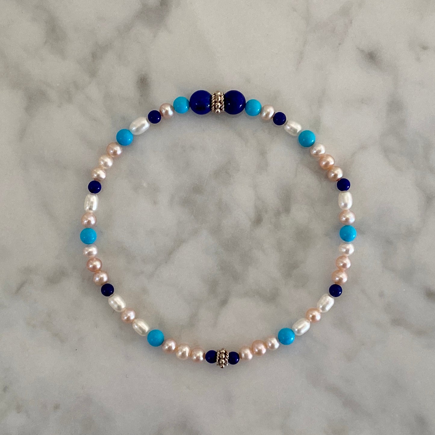 Arpaia 8" lapis, turquoise, cultured pearl silver stretch bracelet