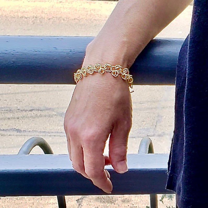 Closeup Vermeil Frilly Heart Bracelet on Model