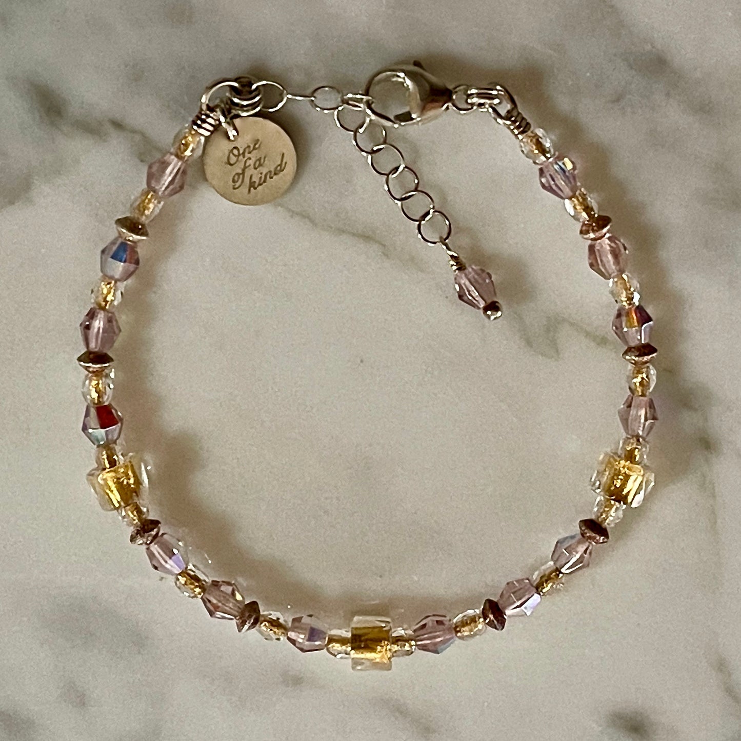 Adjustable "Riches" Brilliant Lights Glass Collection Strung Bracelet in Sterling Silver with 24K Gold-Lined Beads