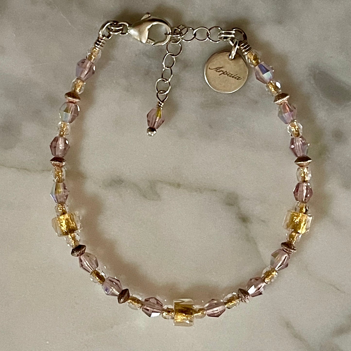 Adjustable "Riches" Brilliant Lights Glass Collection Strung Bracelet in Sterling Silver with 24K Gold-Lined Beads