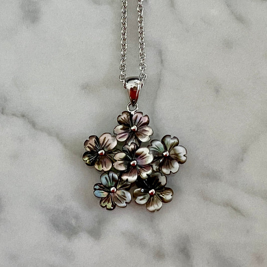 black mother of pearl flower bouquet pendant on adjustable chain / Arpaia Jewelry