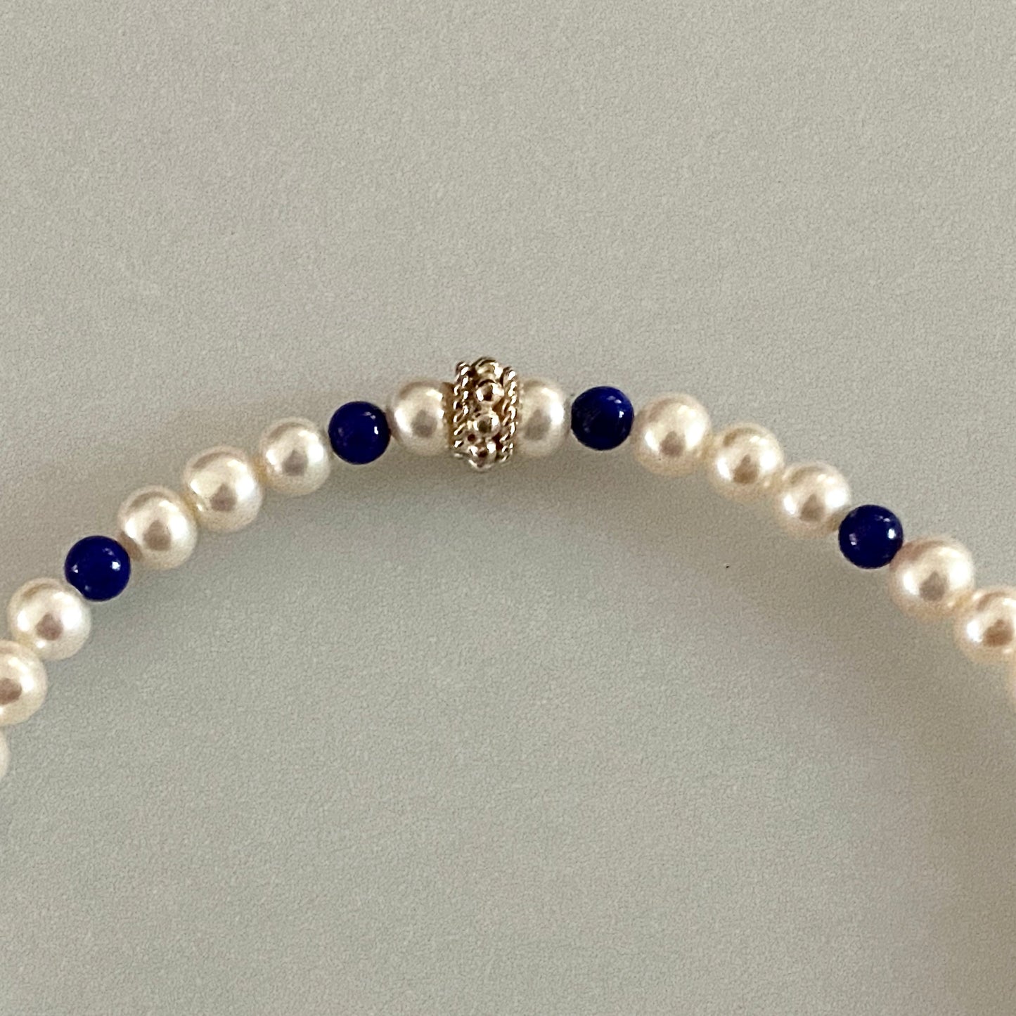 7" Stretch Bracelet with Natural Lapis Lazuli Beads, White Cultured Freshwater Pearls & Handmade Sterling Silver Bali Bead