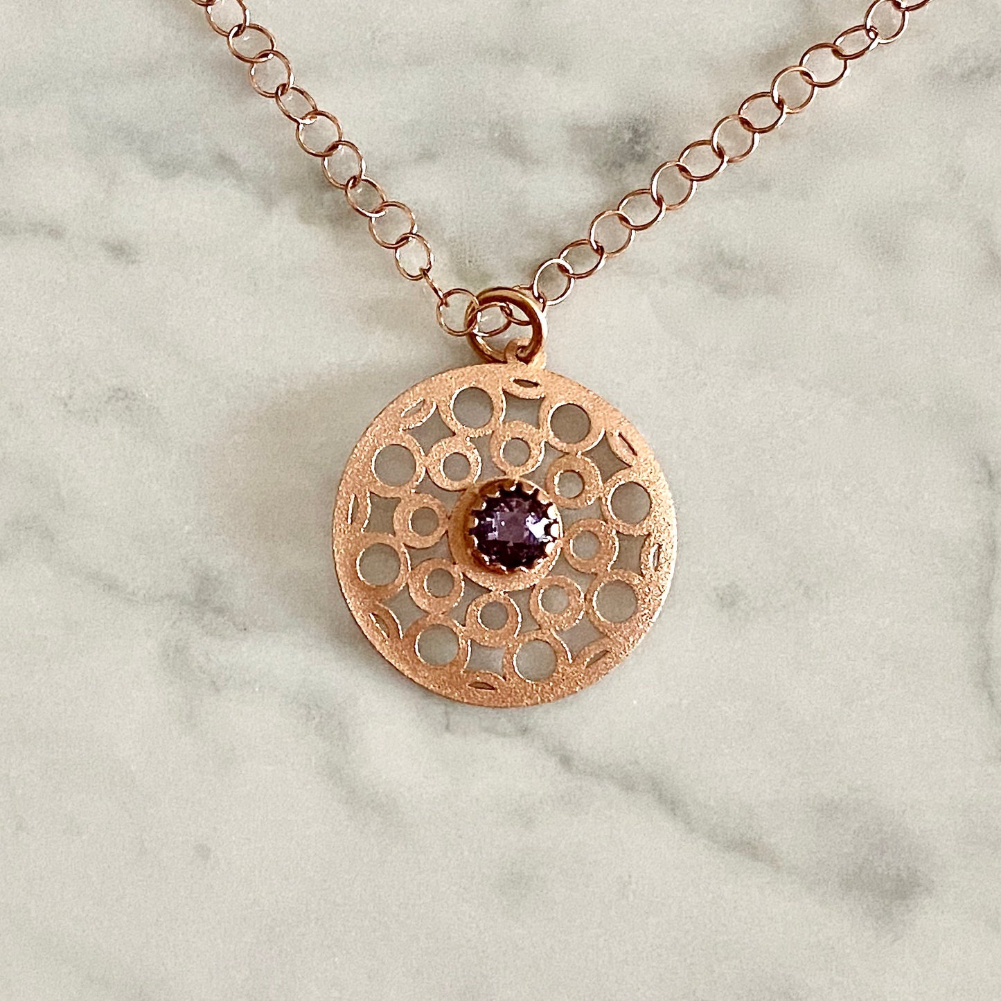 Amethyst & Rose-tone Open Circles Pendant on Adjustable 18" Round Link Chain with Lobster Clasp
