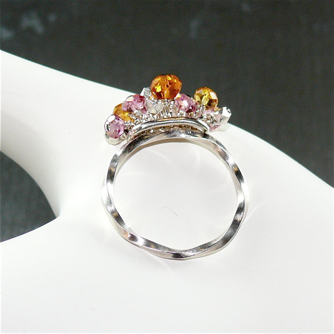 Handcrafted Gemstone Confetti Ring by Arpaia Lang - Twisted Sterling Silver with Citrine & Pink Topaz Faceted Briolette Beads