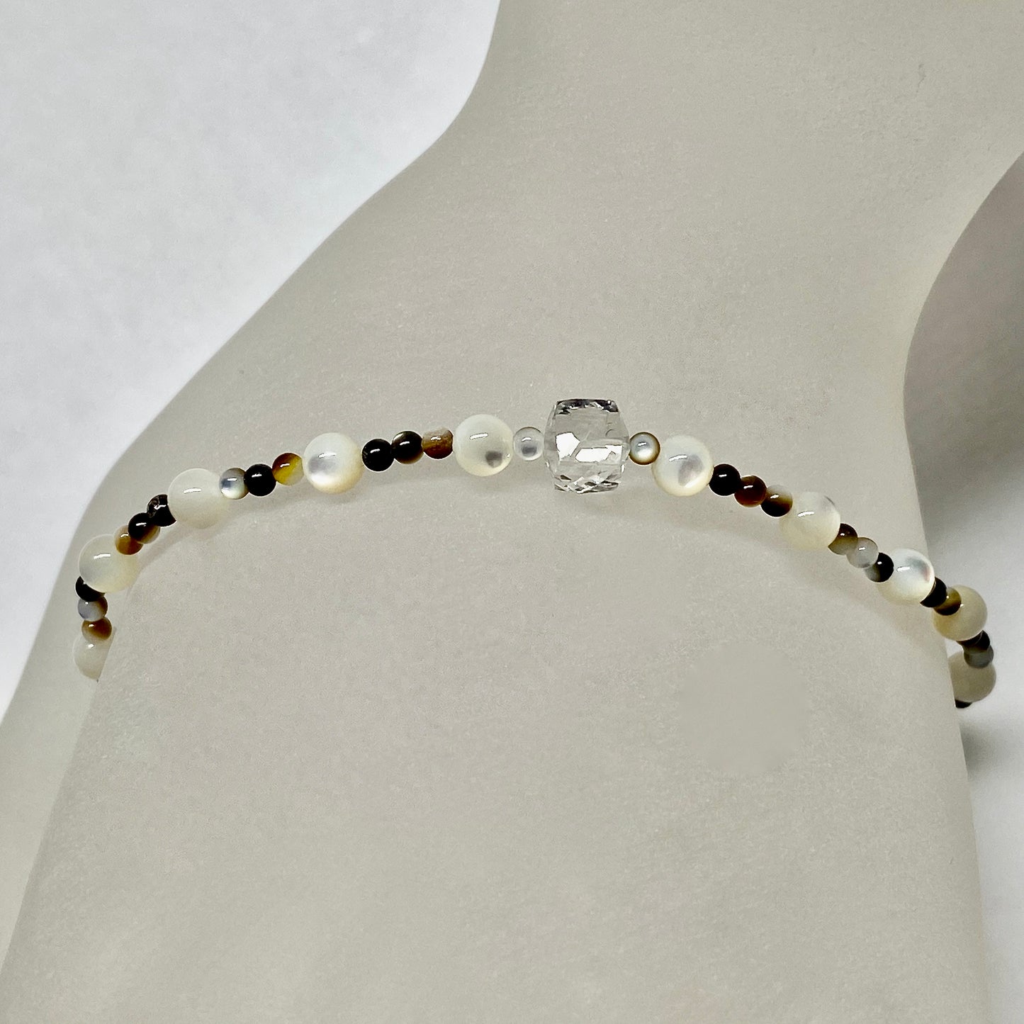 "Moon Water" beachlove stretch bracelet with white topaz & multi-color mother of pearl gemstone beads
