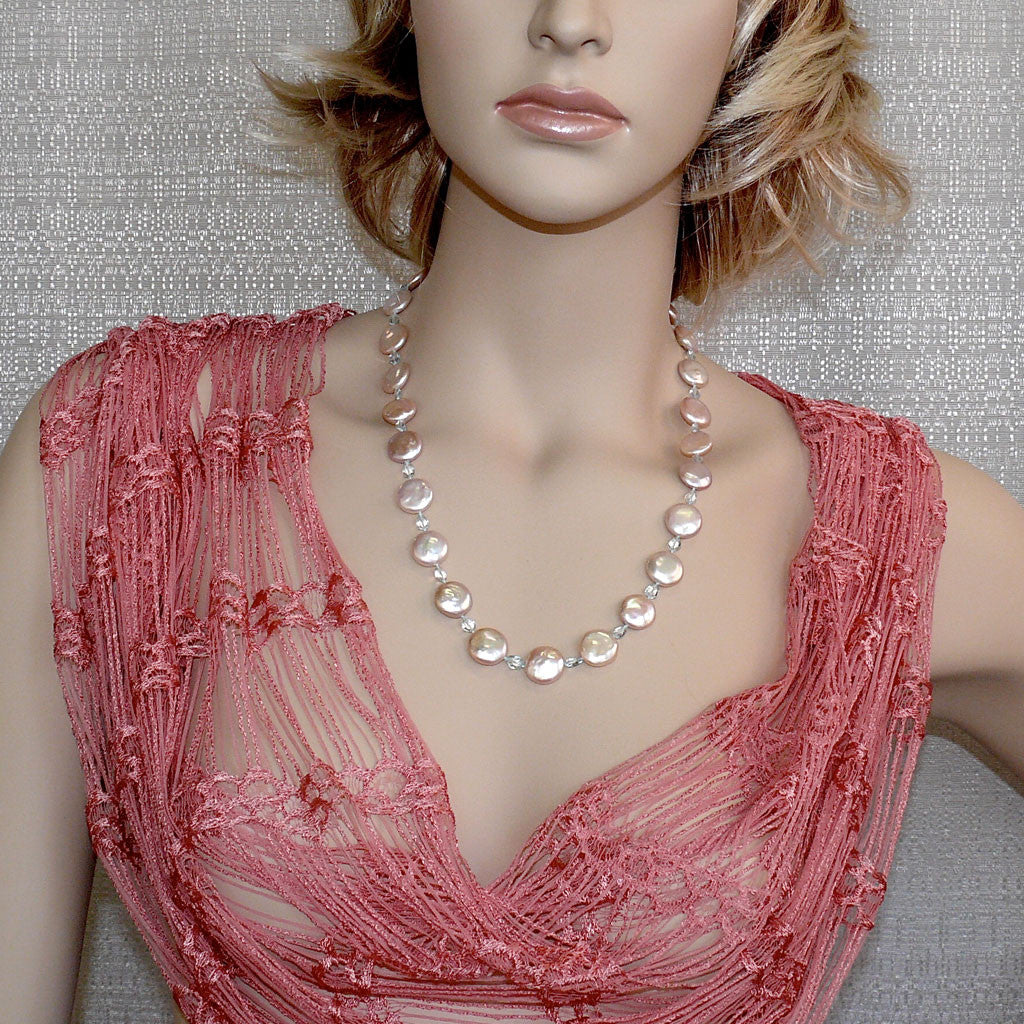 23" Pink Coin Pearl Aquamarine Necklace / Arpaia