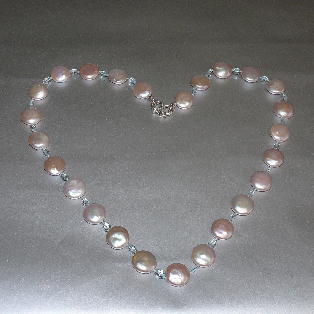 23" Pink Coin Pearl Aquamarine Necklace / Arpaia