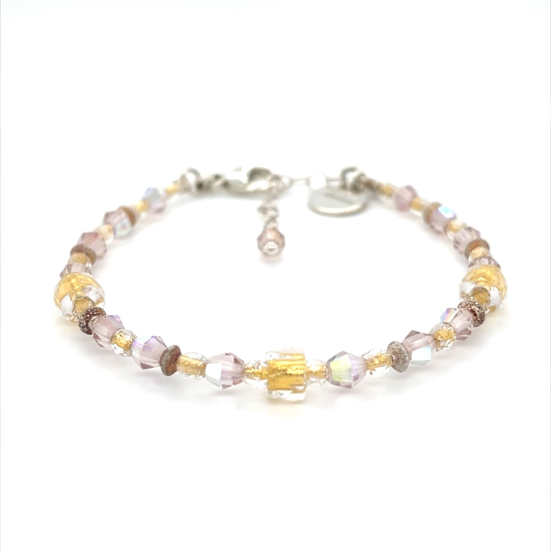 Adjustable "Riches" Brilliant Lights Glass Collection Strung Bracelet in Sterling Silver with 24K Gold-Lined Beads