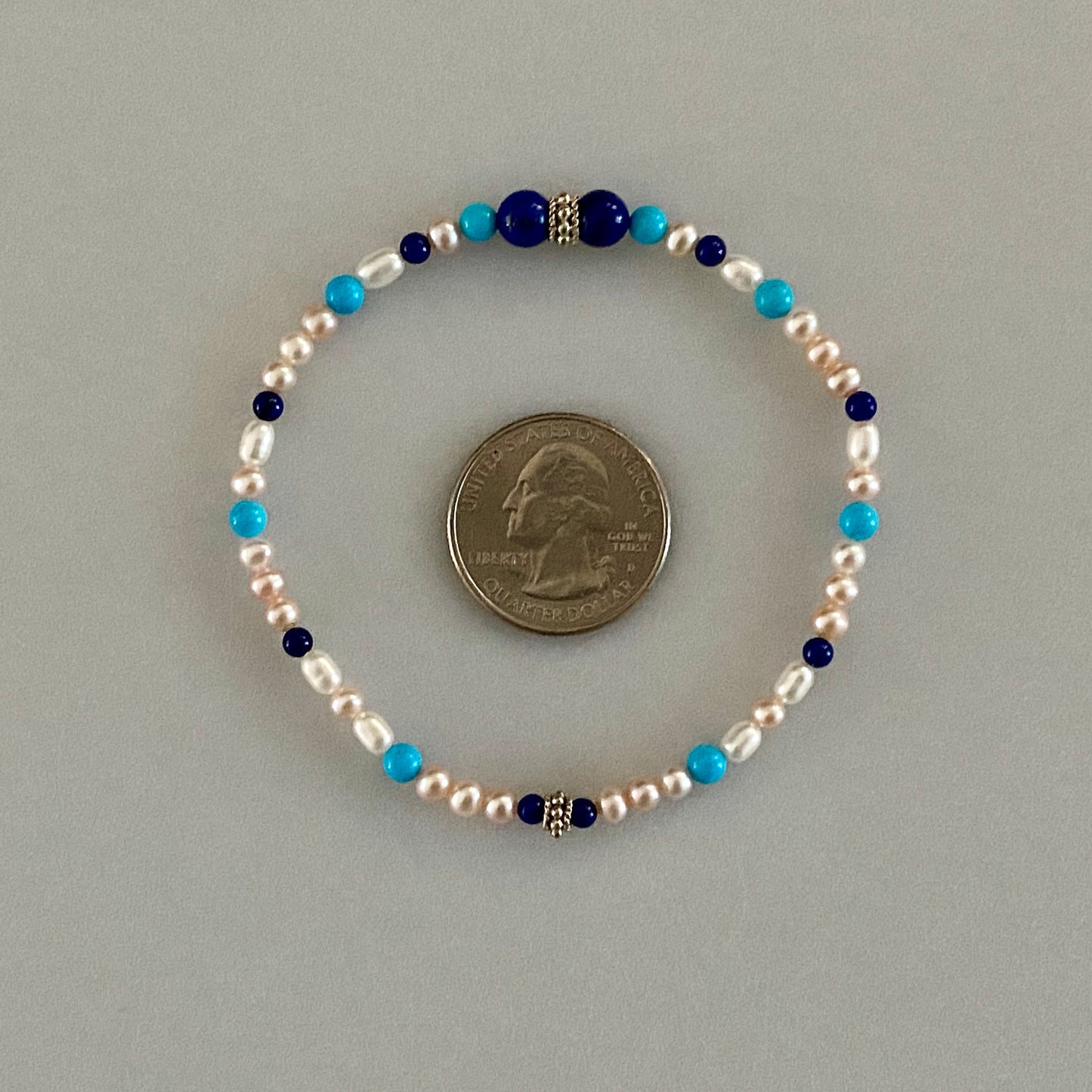 Arpaia 8" stretch bracelet with lapis, turquoise, cultured pearls, silver beads