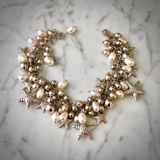 "White Beach" Cultured Pearl Starfish Bracelet by Arpaia in rhodium plated sterling silver