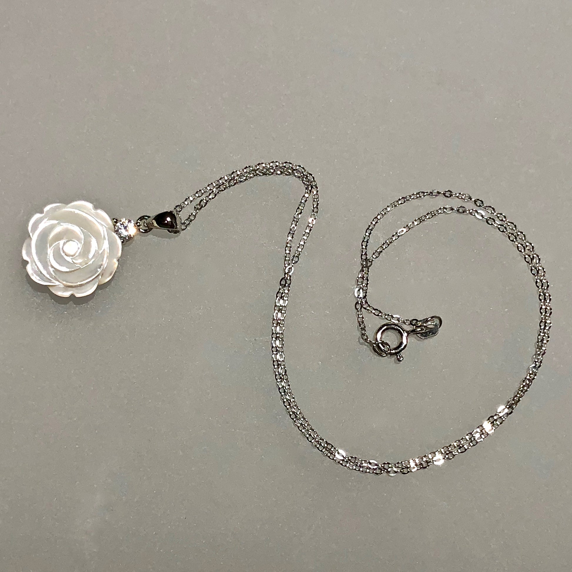 15mm White Mother of Pearl Rose Carved Pendant with CZ on Sterling Chain / Arpaia Jewelry