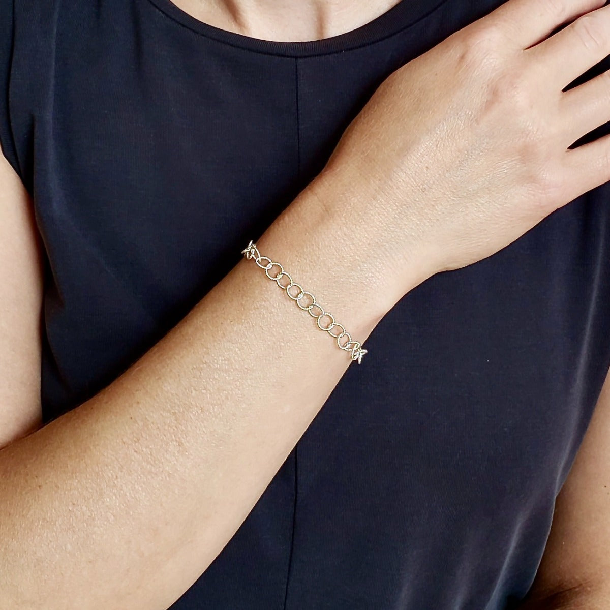 Arpaia SIlver Circles Bracelet on model - inside natural light