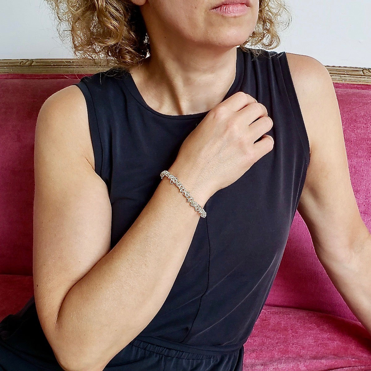 Arpaia Silver Frilly Bracelet on model - inside natural light