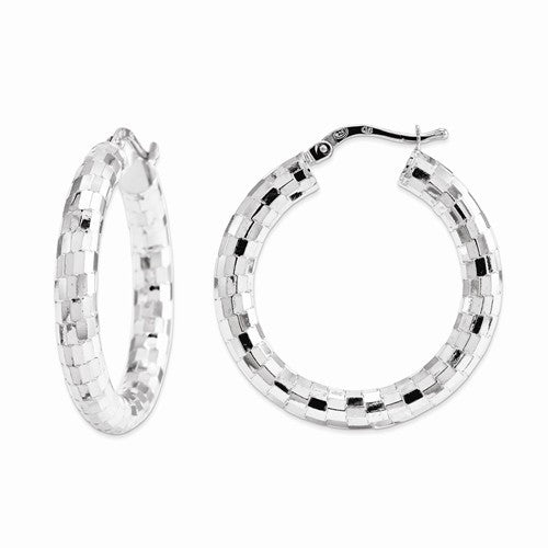 Rhodium-Plated 925 Sterling Silver Diamond-Cut Hinged Hoop Earrings Made in Italy