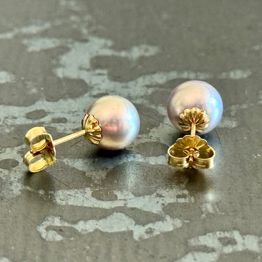 Arpaia® "Mocha Moonlight" Natural Color Cultured Freshwater 7.5-8.0 mm Round Pearl Stud Earrings in 14K Yellow Gold / One of a Kind