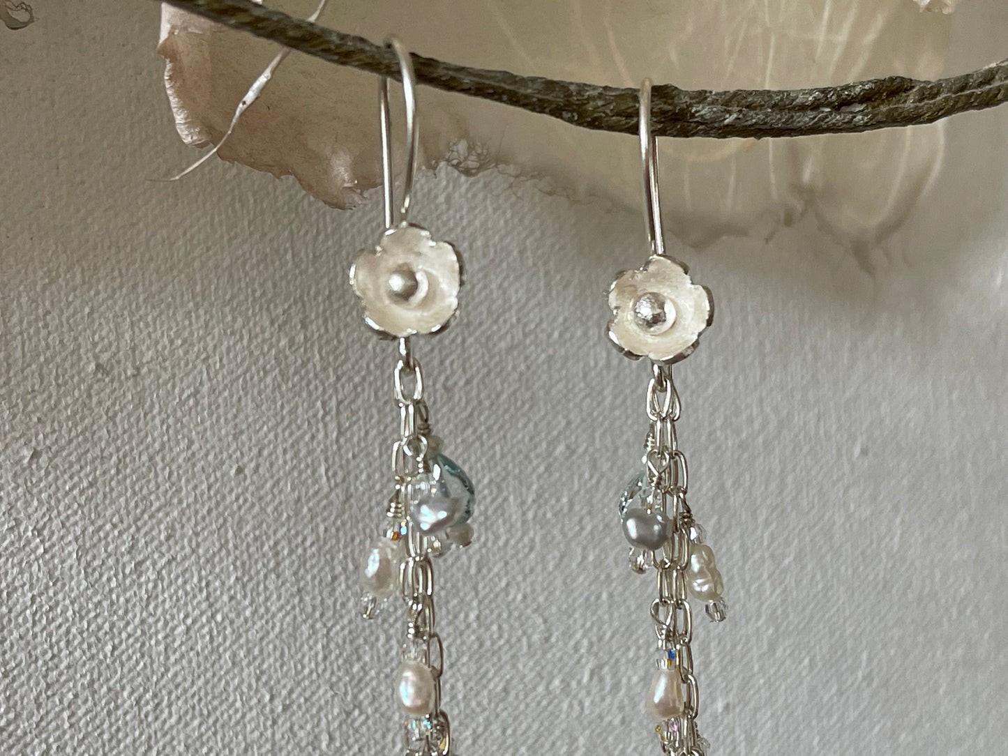 One of a Kind Fine Silver Long Dangle Earrings by Arpaia with Pearls & Aquamarine Gemstones