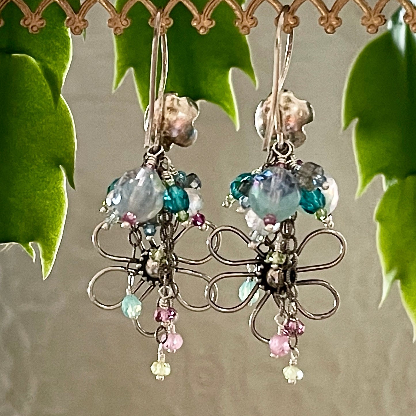 Antiqued Silver & Gemstone Flower Drop Earrings
