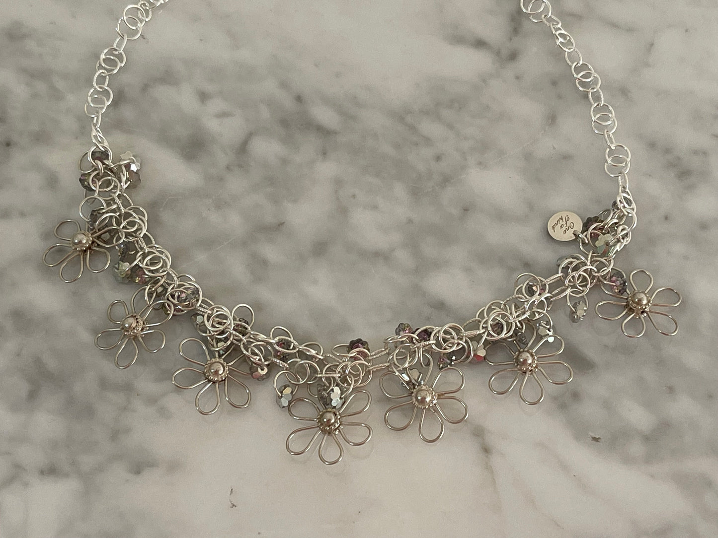 Handmade Flower Necklace in Sterling Silver with Swarovski Crystal