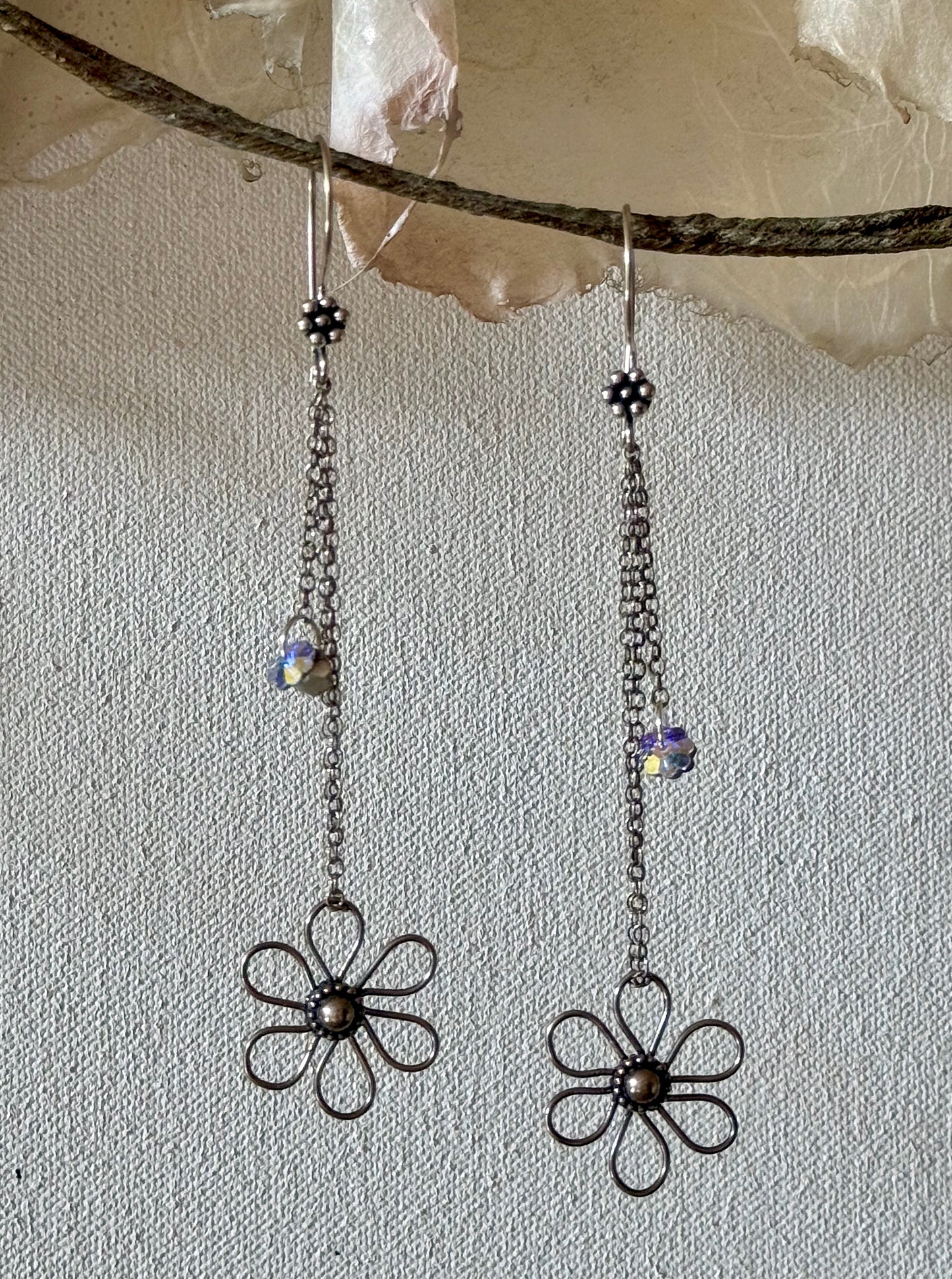 4" Long Antiqued Sterling Silver & Swarovski Crystal Flower Dangle Earrings
