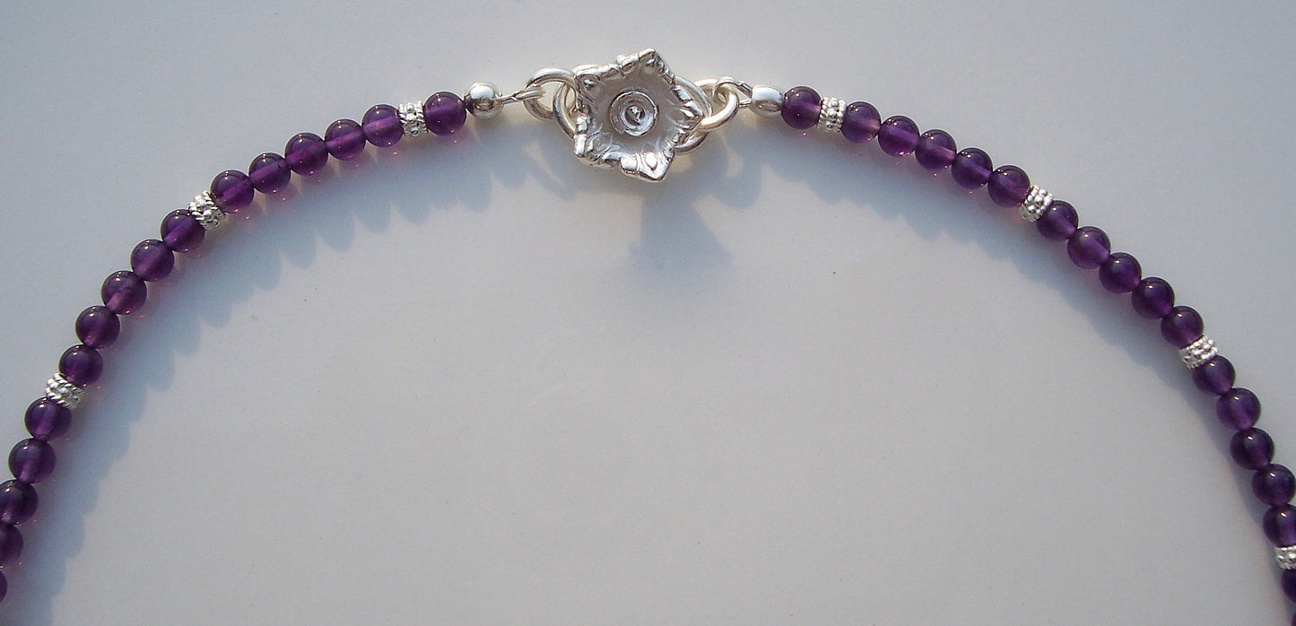 closeup "violets" amethyst necklace with fine silver rose clasp