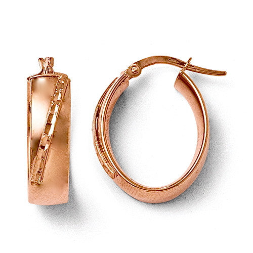 Leslie's Smooth Polished & Raised Diamond-cut Accent 14kt Rose Gold Oval Hoop Earrings