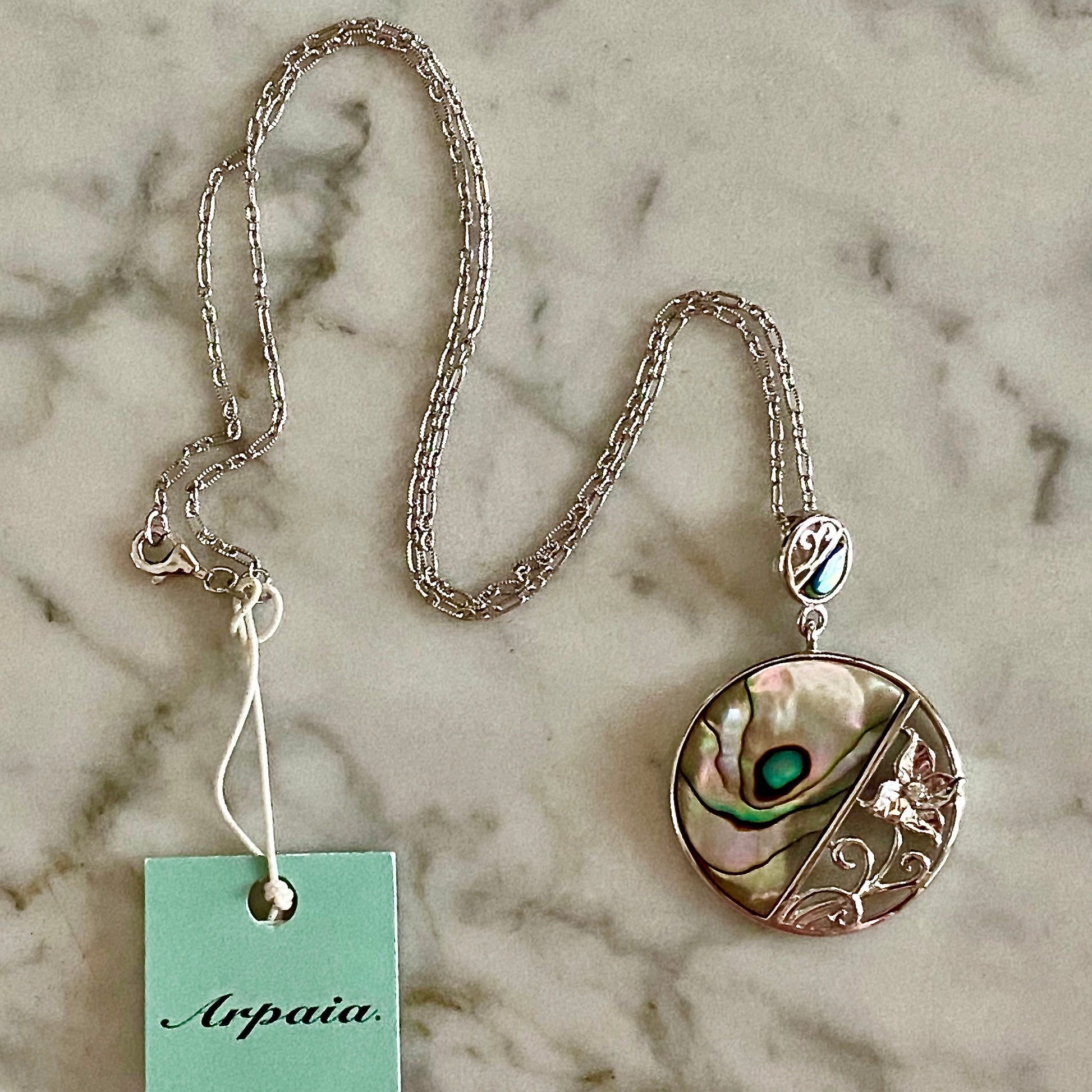 Abalone & Silver Flower Pendant on 18" Textured Chain / Arpaia Jewelry