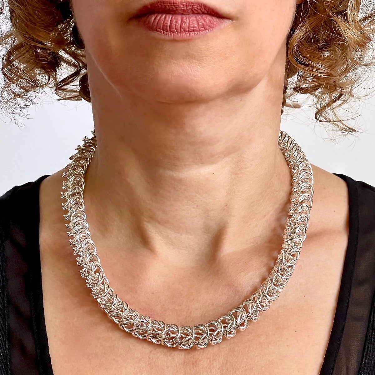 Argentium Silver Bellezza Necklace on model inside natural light / Arpaia