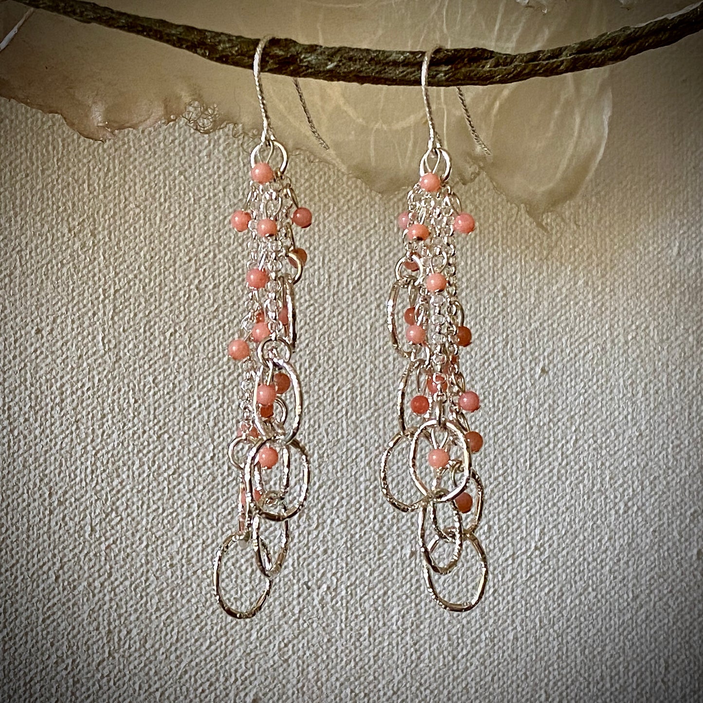 Angel Coral Dangle Earrings with Sterling Silver Patterned Ovals & Sparkle Earring Wires