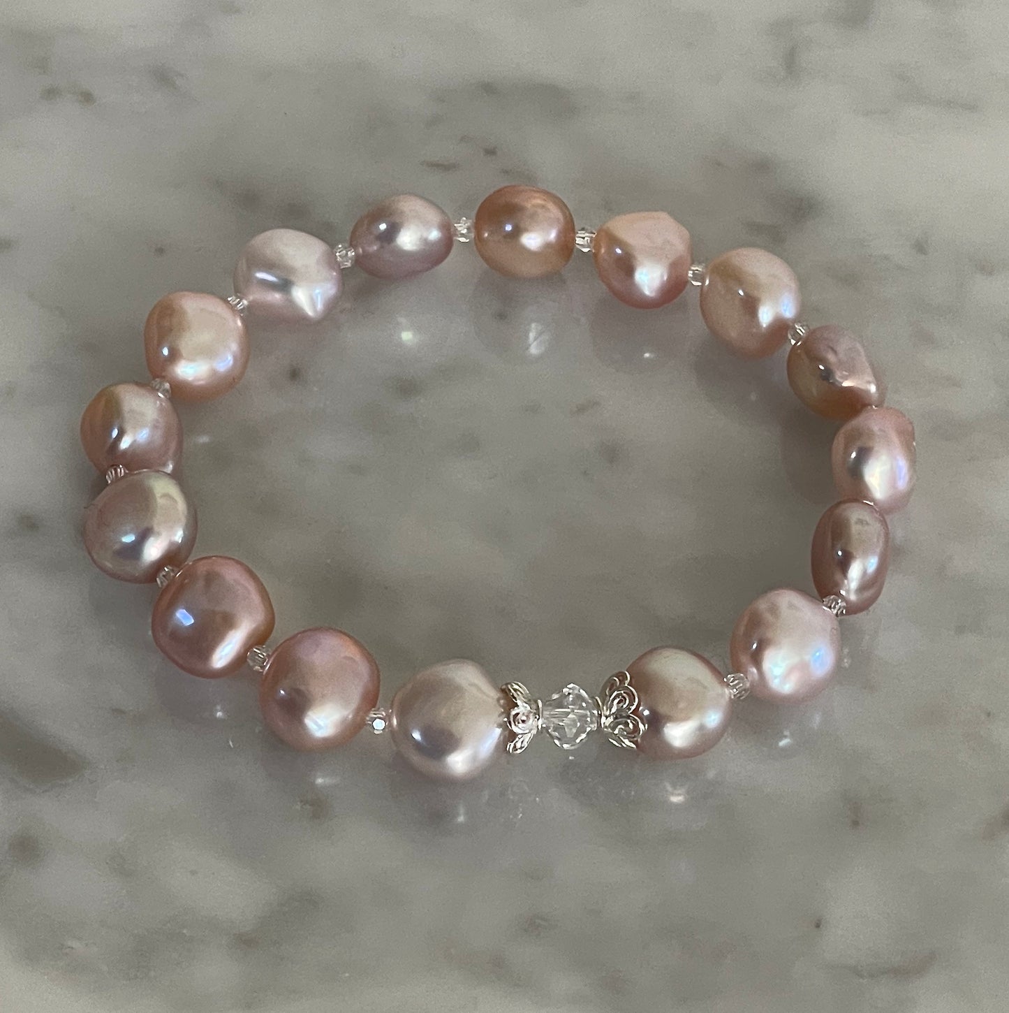 Natural color cultured freshwater nugget pearl bracelet  - interior low natural light 