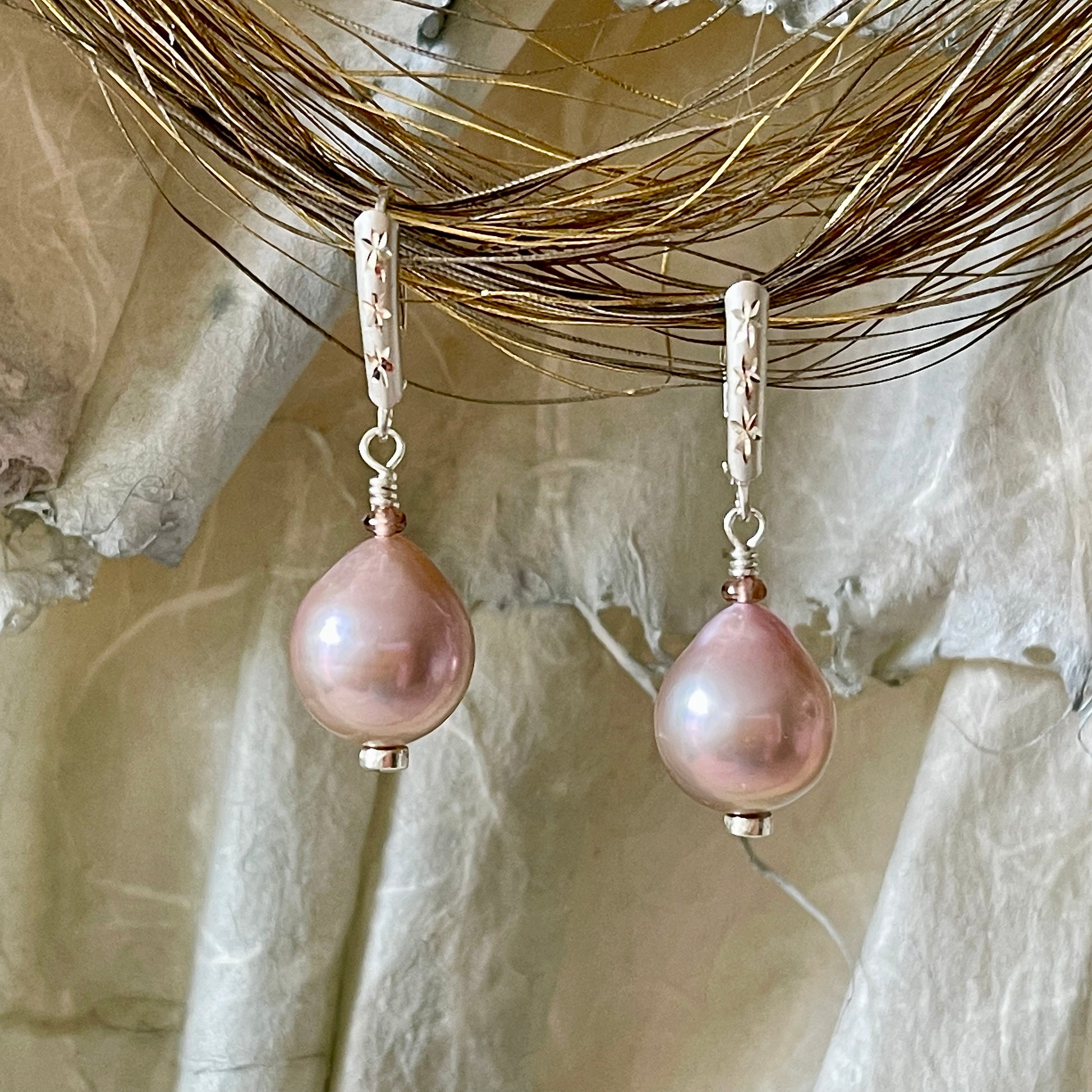 Arpaia Pink Plump Pear Pearl Dangle Earrings with Pink Spinel