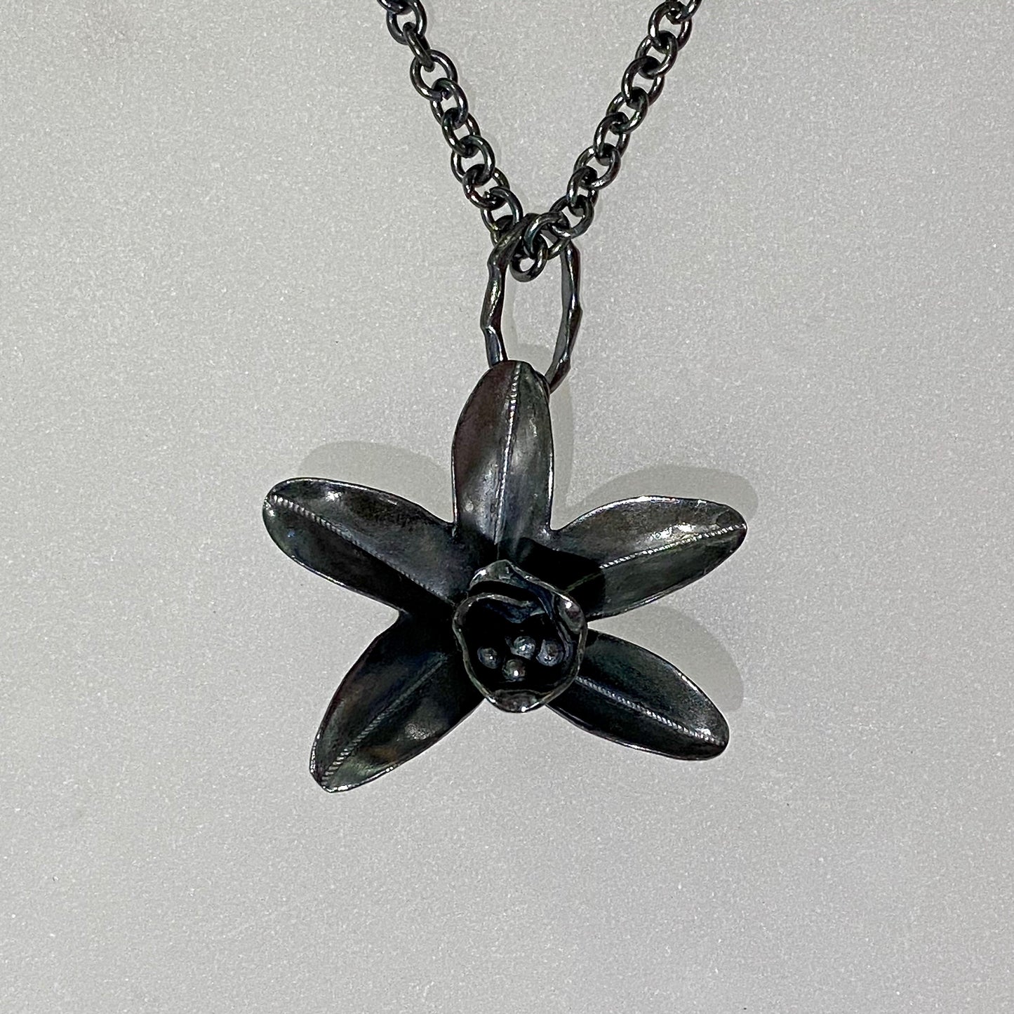One of a kind Daffodil Necklace with Flower Toggle Clasp in Artisan-Crafted 999 Black Fine Silver