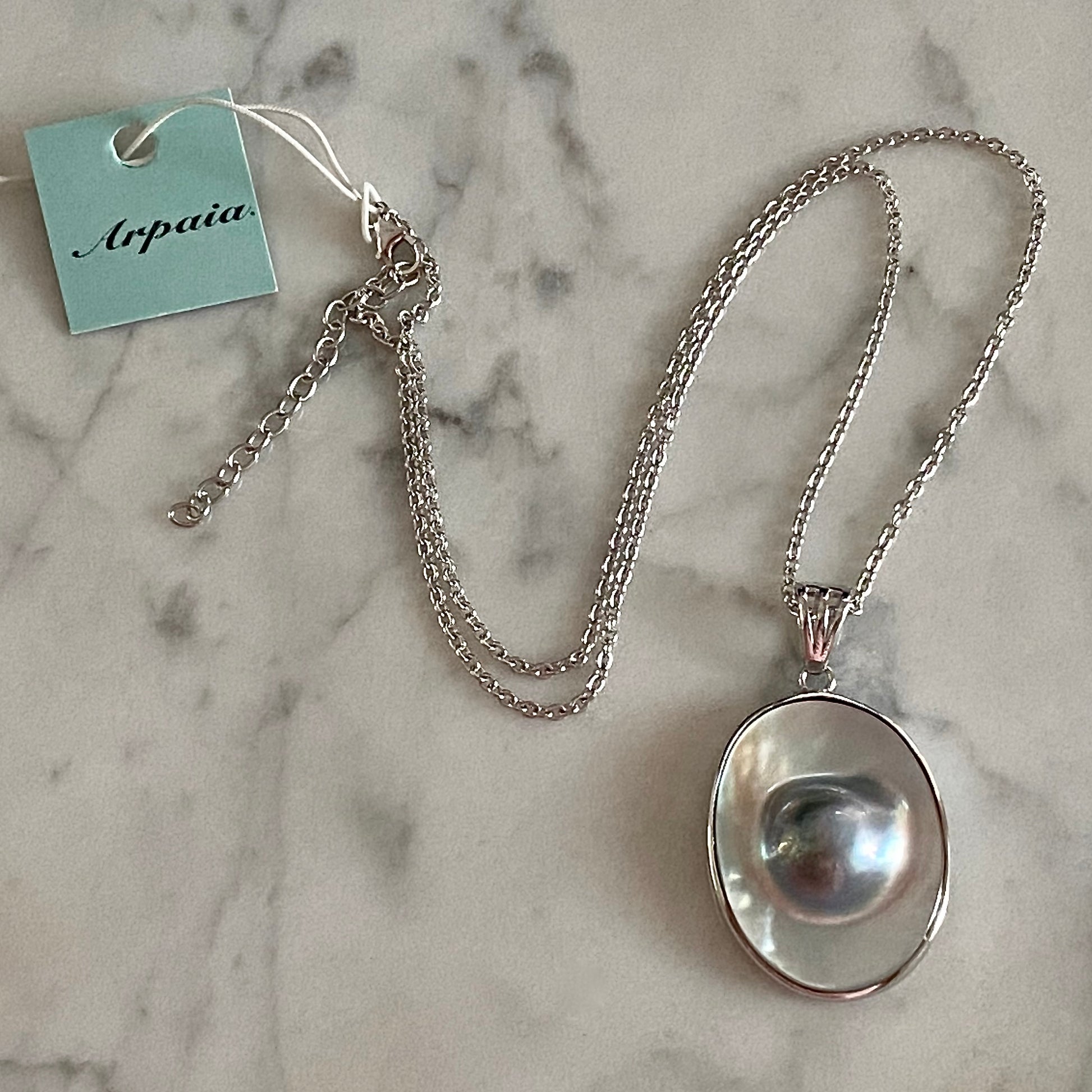 Mabe Blister Pearl Oval Pendant on Silver Adjustable Chain / Arpaia Jewelry