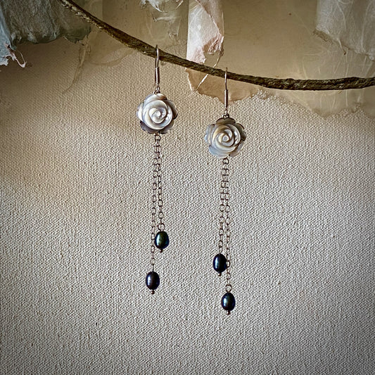 Rose Petal Carved Natural Black Mother of Pearl Long Dangle Earrings with Dyed Cultured Freshwater Pearls / Rhodium-Plated 925 Sterling Silver
