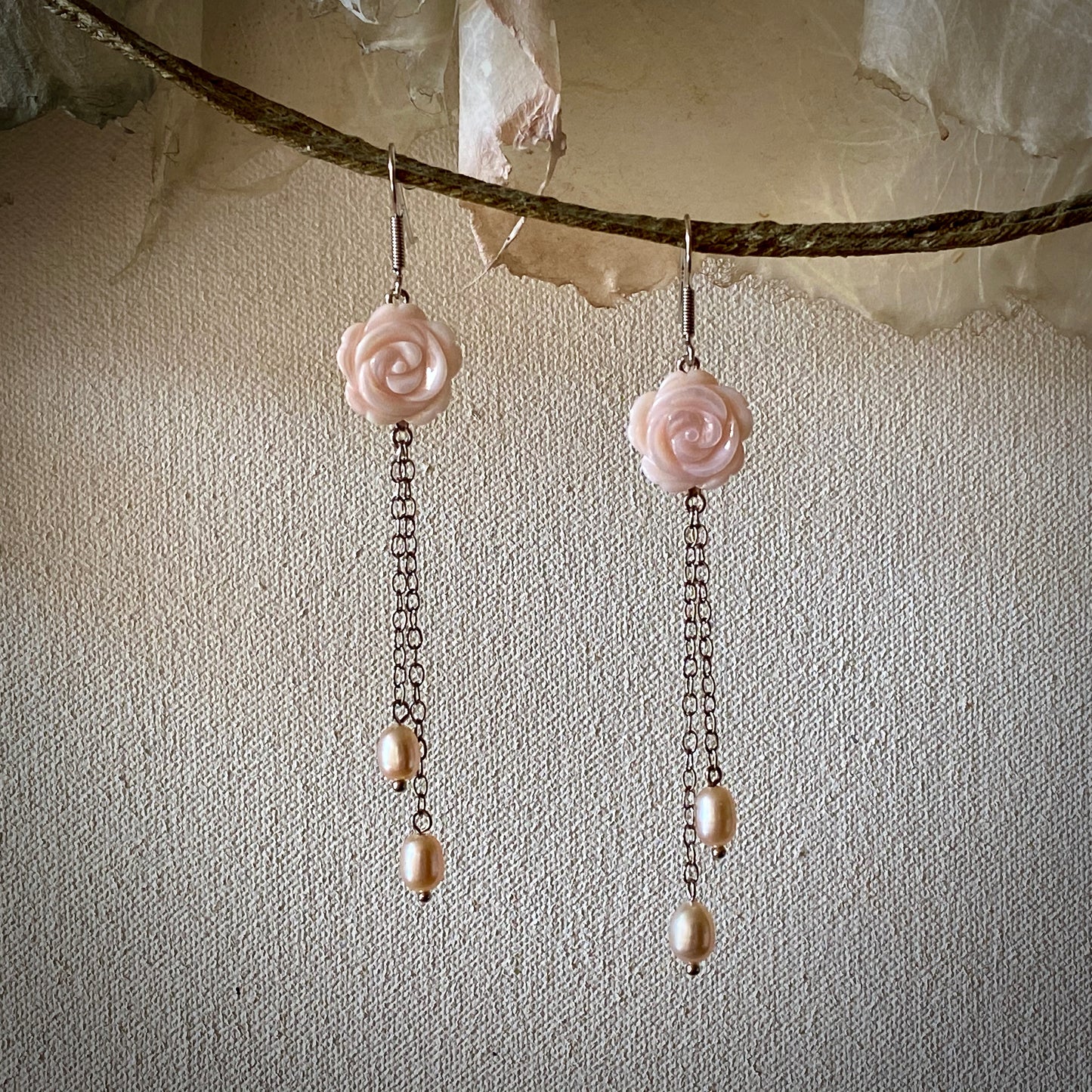 Floral Carved Natural Pink Mother of Pearl Long Dangle Earrings with Pink Cultured Freshwater Pearls / Rhodium-Plated 925 Sterling Silver