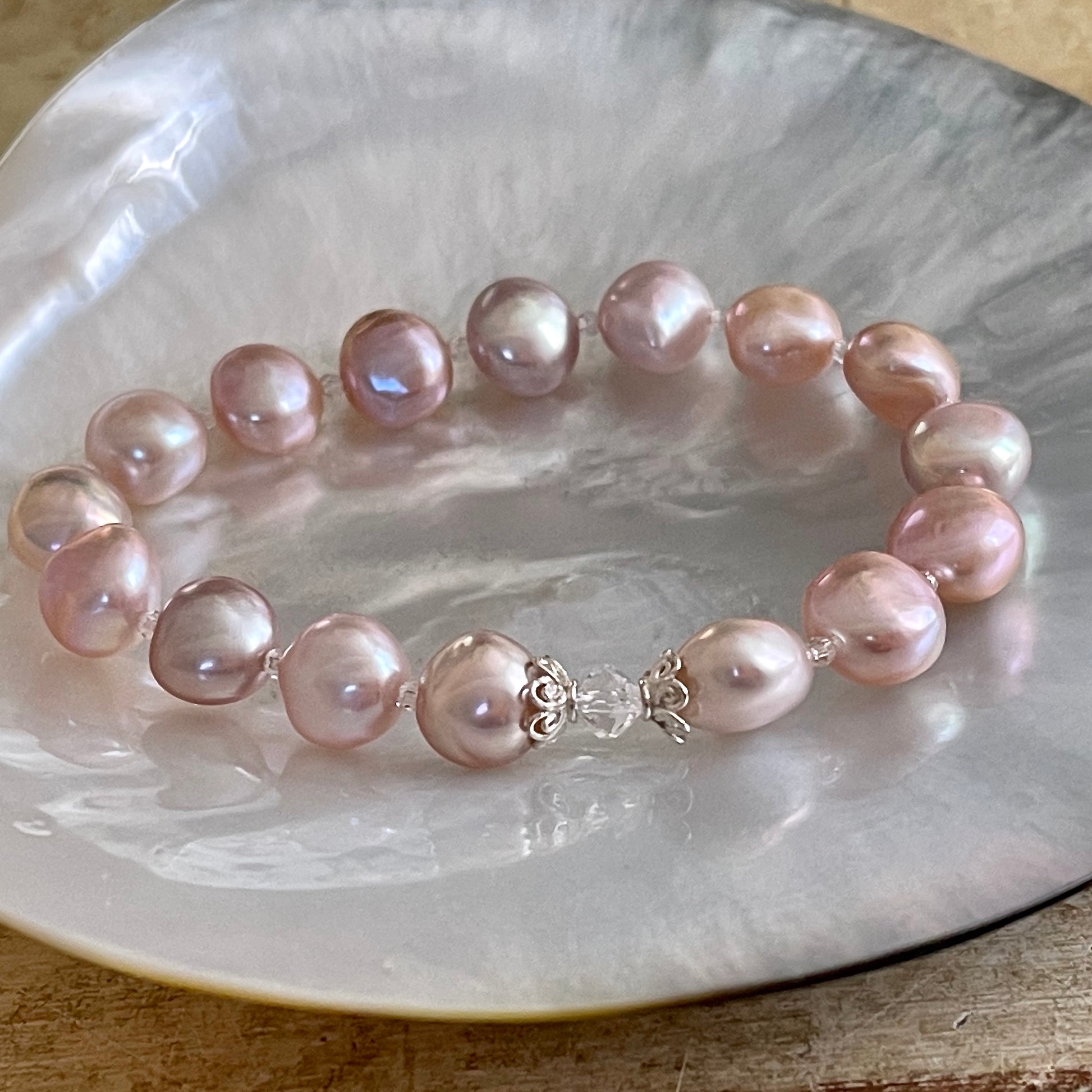Natural color nugget pearl stretch bracelet - interior near window overcast day