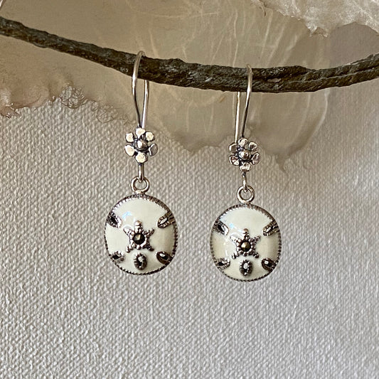 Sterling Silver, Enamel & Marcasite Sand Dollar Dangle Earrings with Flower Earring Wires
