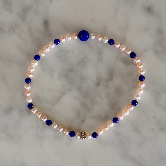 Arpaia lapis & blush pink pearl stretch bracelet