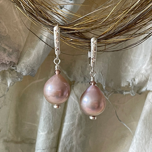 Arpaia pink plump pear pearl dangle earrings with  pink spinel and diamond-cut lever backs