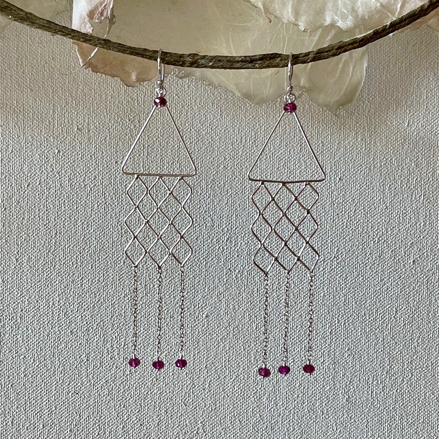 Arpaia sterling triangle & diamond open metal motif dangle earrings with chains & rhodolite garnet drops