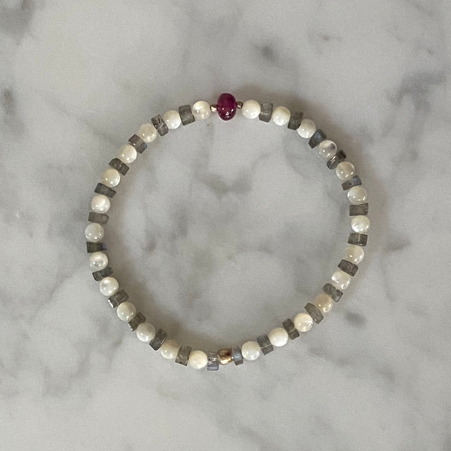 Ruby, labradorite, mother of pearl gemstone stretch bracelet / Arpaia Jewelry