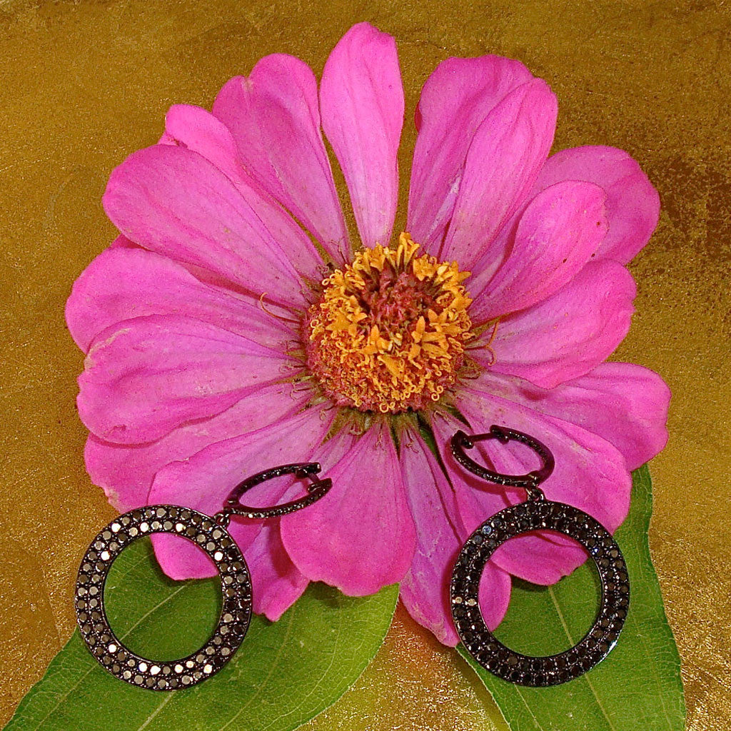 Black Diamond Hoops with Open Circle Dangles at Arpaia Jewelry