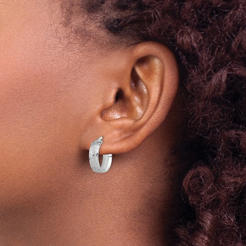 Leslie's Rhodium Plated Diamond Cut & Brush Patterned 14K White Gold Hinged Hoop Earrings